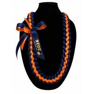 🎓 Navy & Orange Graduation Lei – Class of 2026 Ribbon Lei